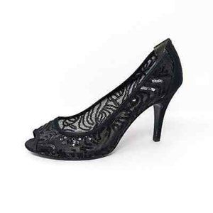 Adrianna Papell Felicia Black Satin and Sequin Mesh Peep Toe Heel Pump 8.5M